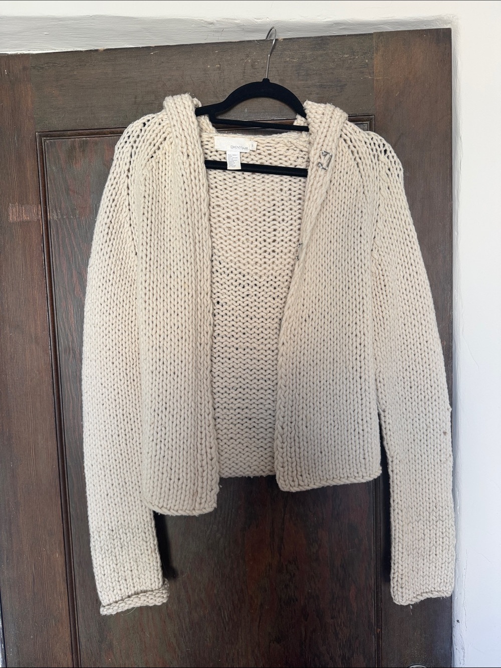 DKNY Cream Chunky Knit Hooded Open Cardigan